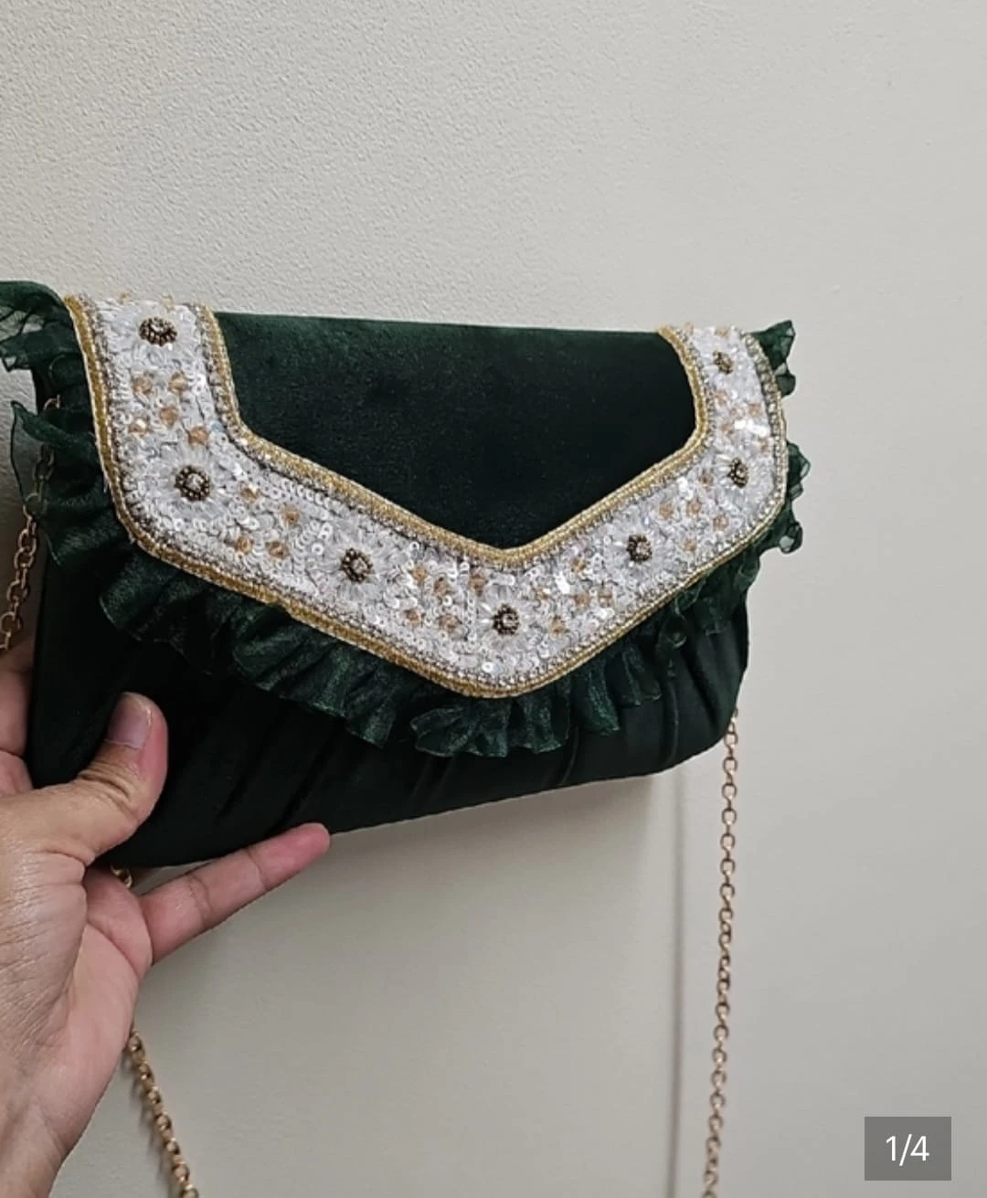 Green Velvet Clutch with Beaded Embellishment - photo 3