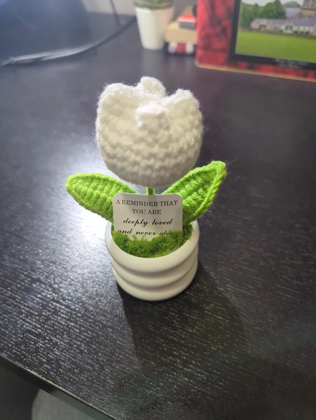 Crocheted White Tulip with "You Are Deeply Loved" Message