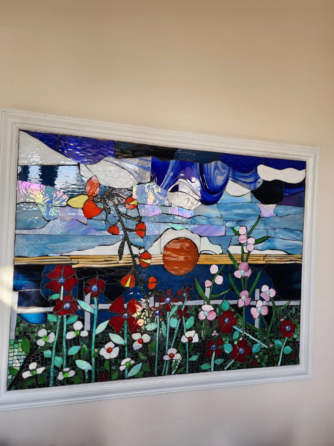 Framed Stained Glass Mosaic Art - Sunset Floral Landscape