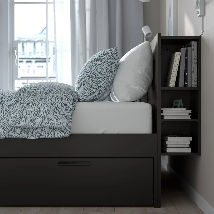 Bed Frame with Storage Drawers and Shelving Headboard