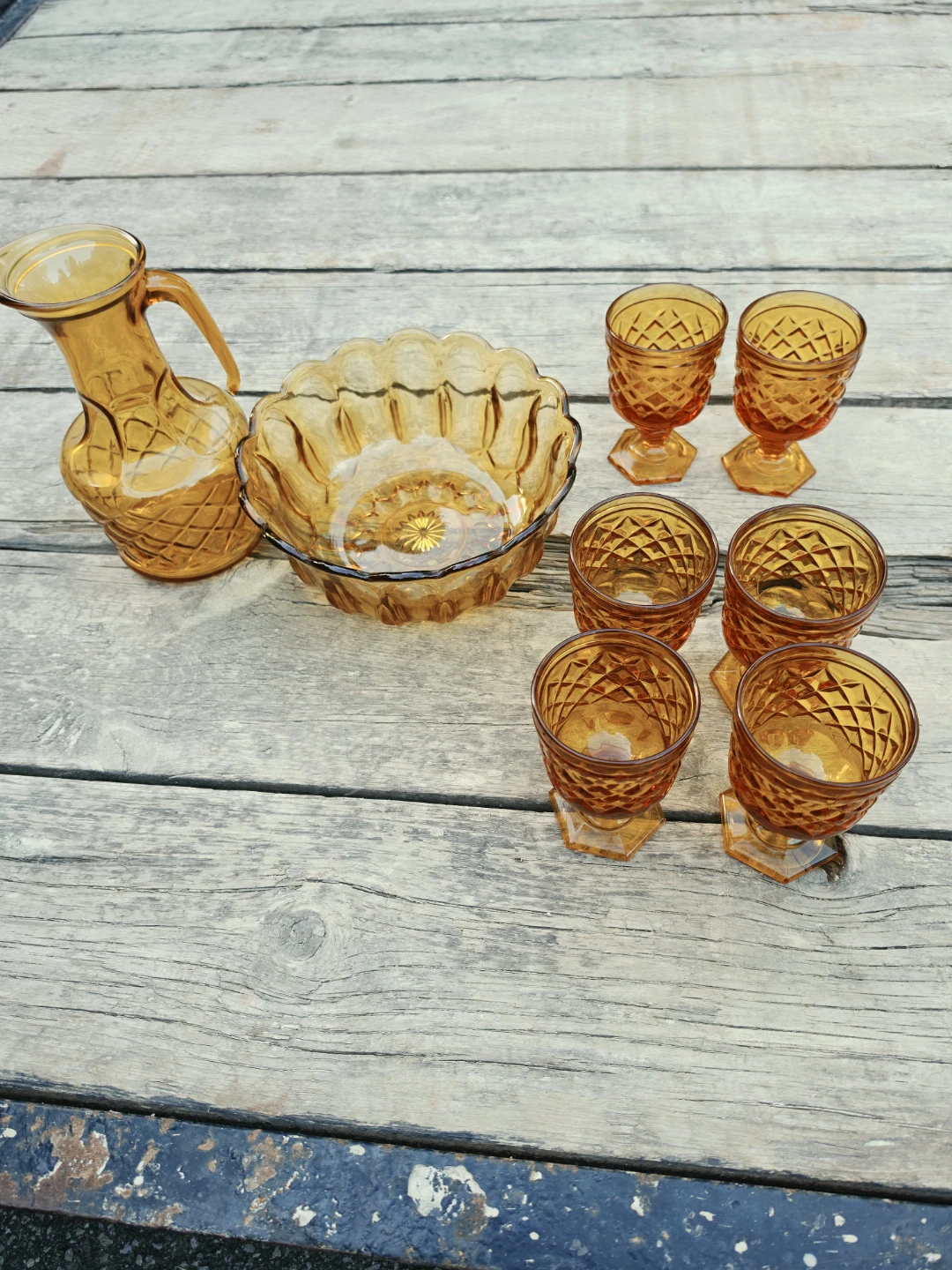 Amber Glass Pitcher, Bowl, and 6 Glasses Set - photo 2