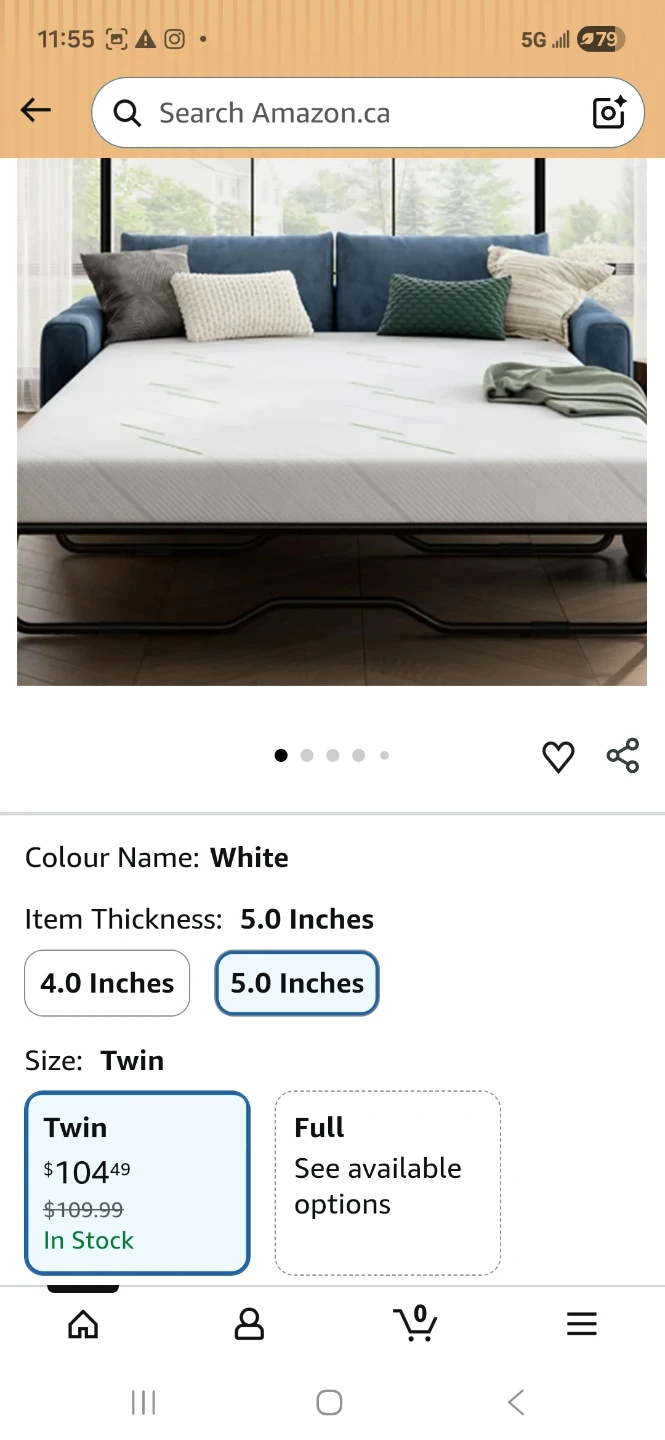 Twin Size 5 Inch Gel Memory Foam Mattress for Sofa Bed