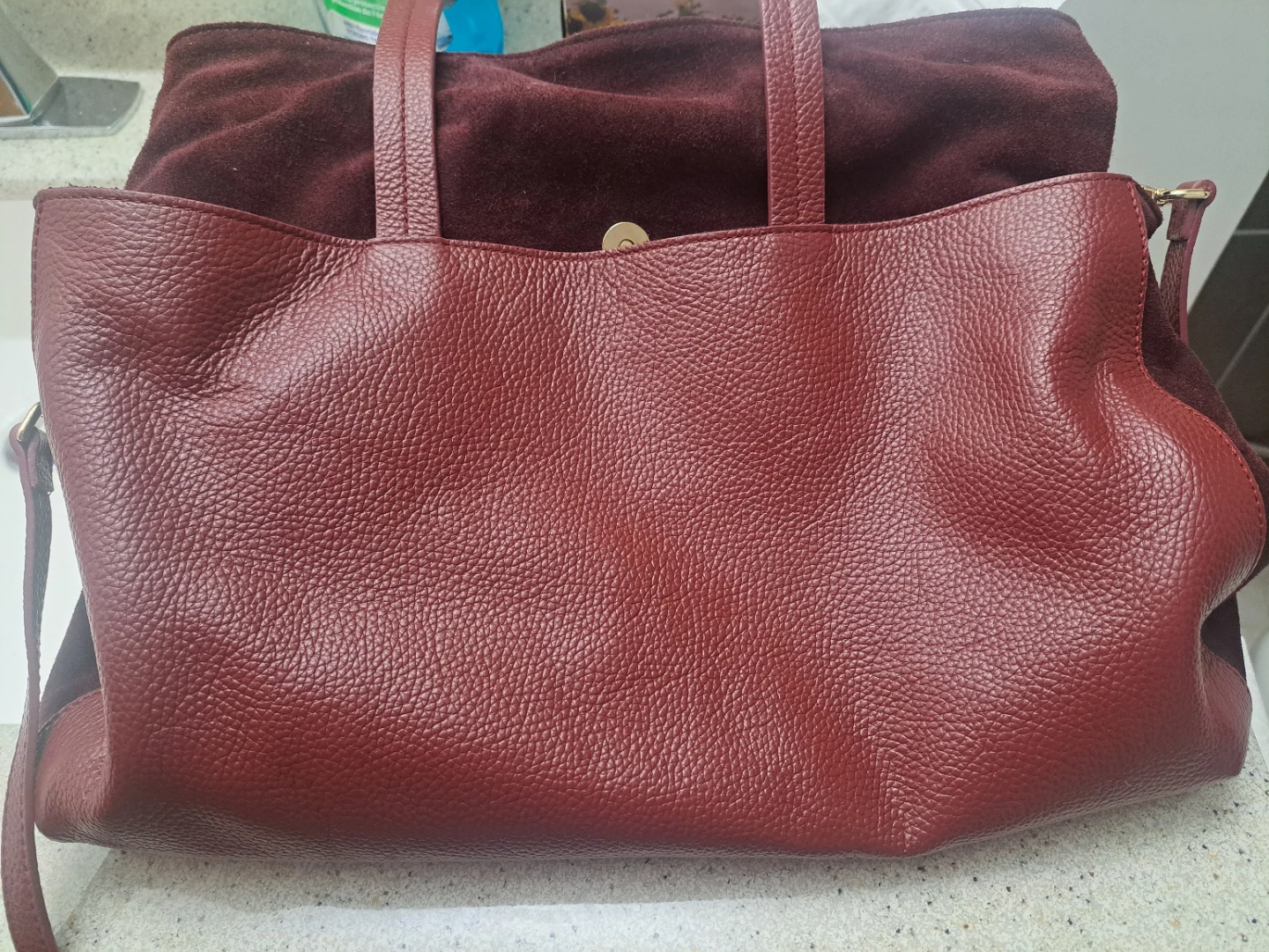 Burgundy Suede and Leather Tote Bag