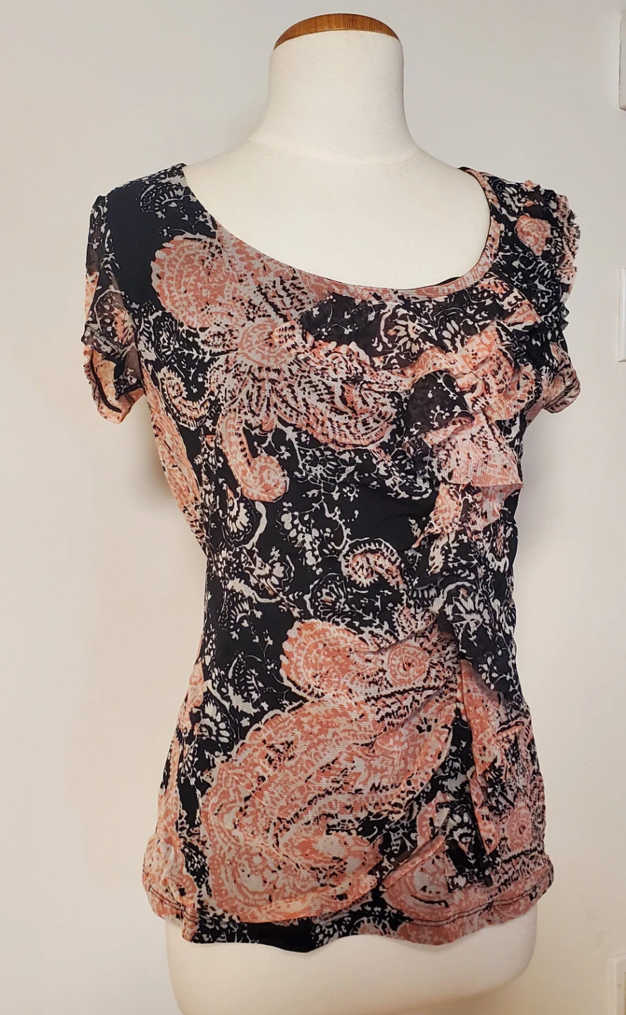 Apt pink and black paisley ruffle blouse for women.