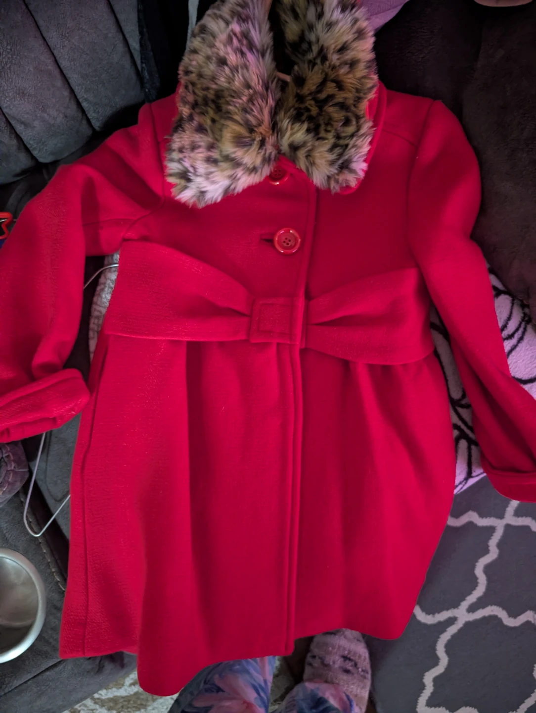 Kate Spade Girls Red Faux Fur Trimmed Pea Coat