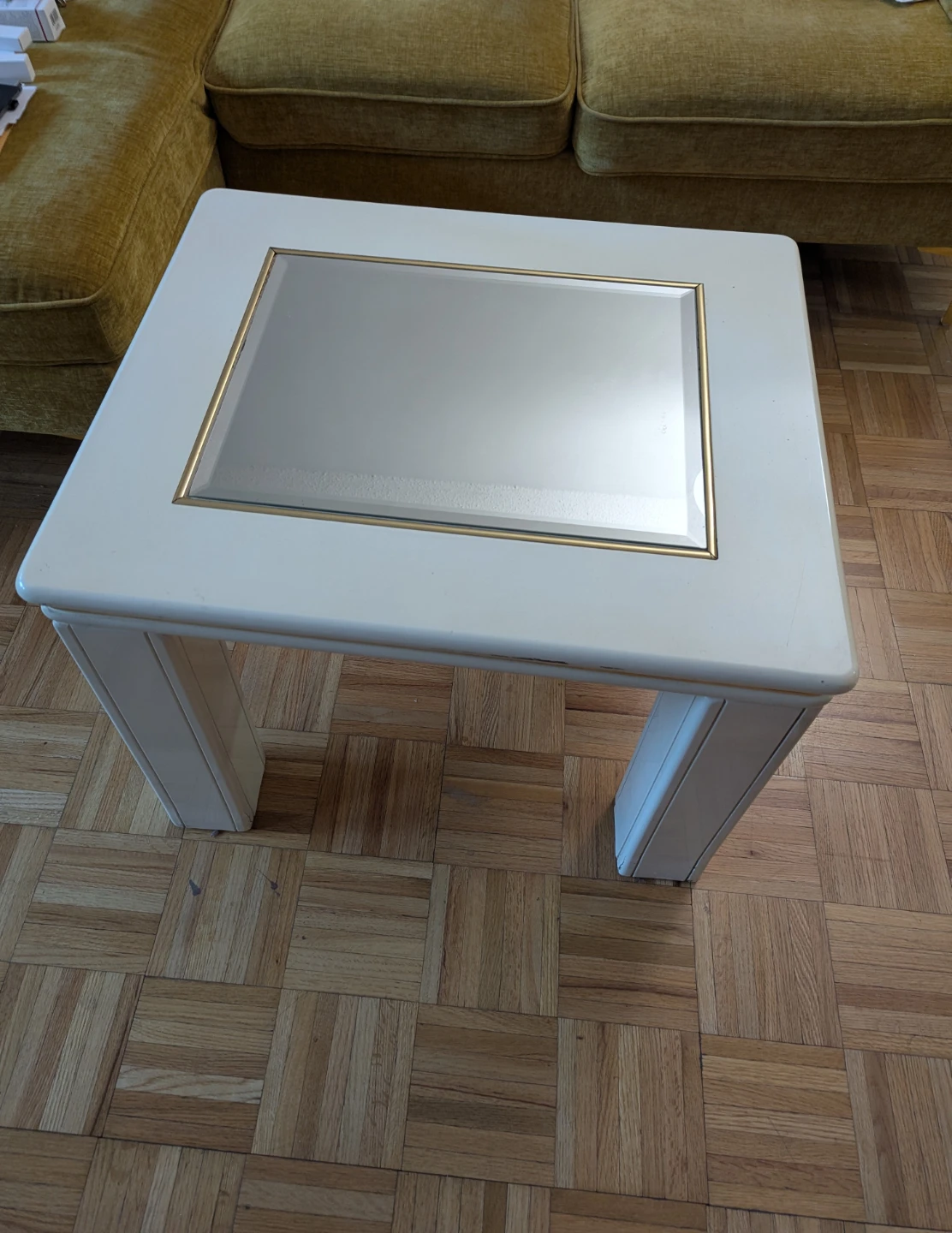 Vintage 1980s White Gold End Table with Inset Beveled Mirror