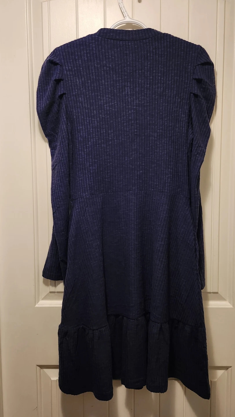 Navy Blue Ribbed Dress with Puff Sleeves - photo 3