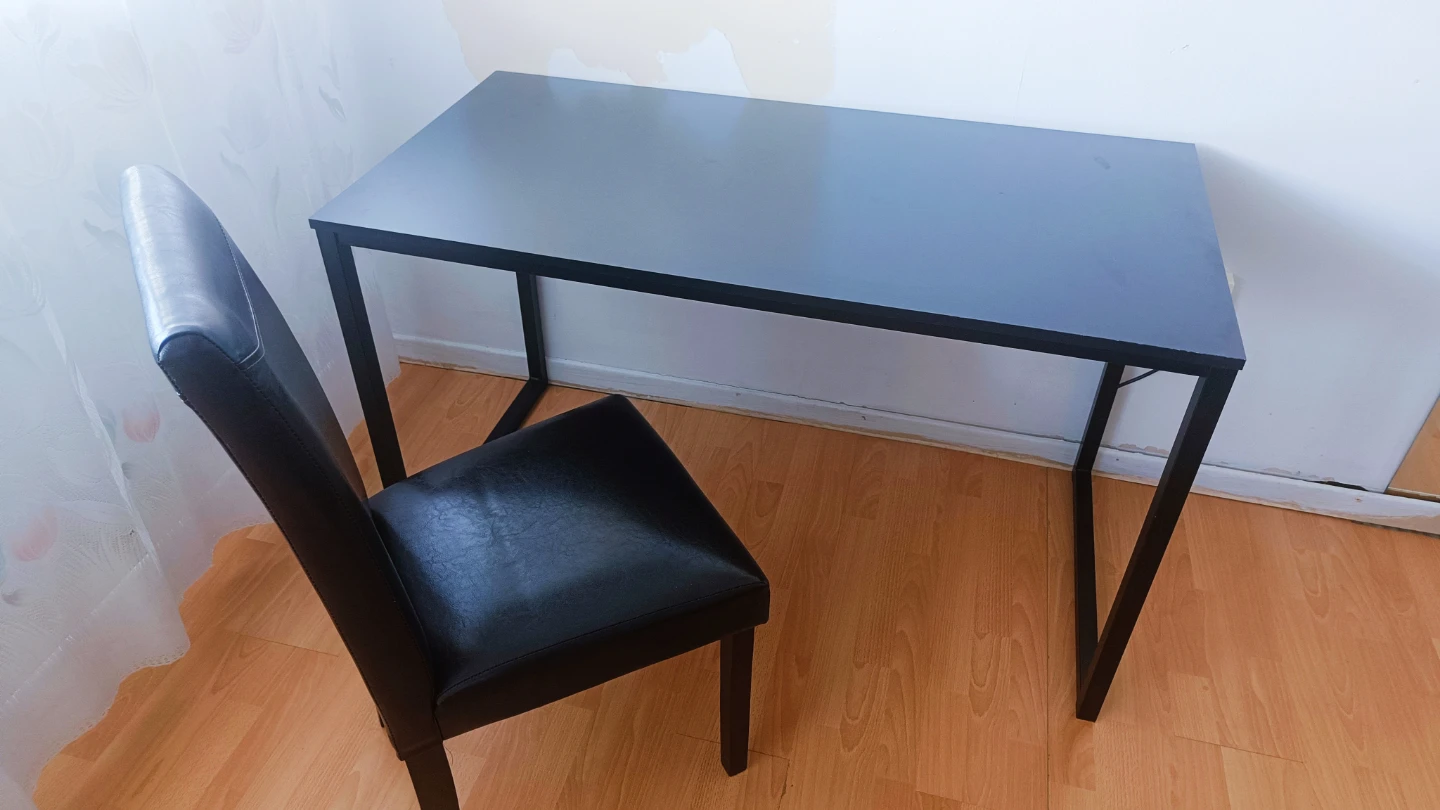 Black Office Study Table with Metal Frame Desk & Leather Chair - photo 2