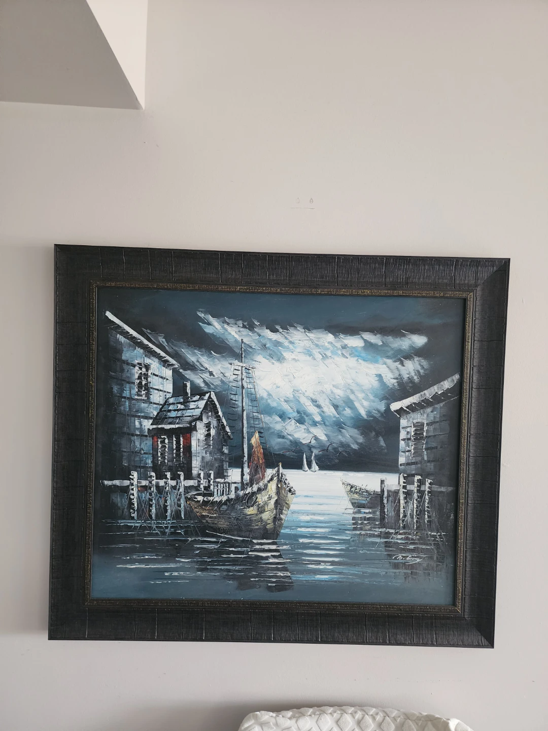 Framed Oil Painting of a Boat Dock