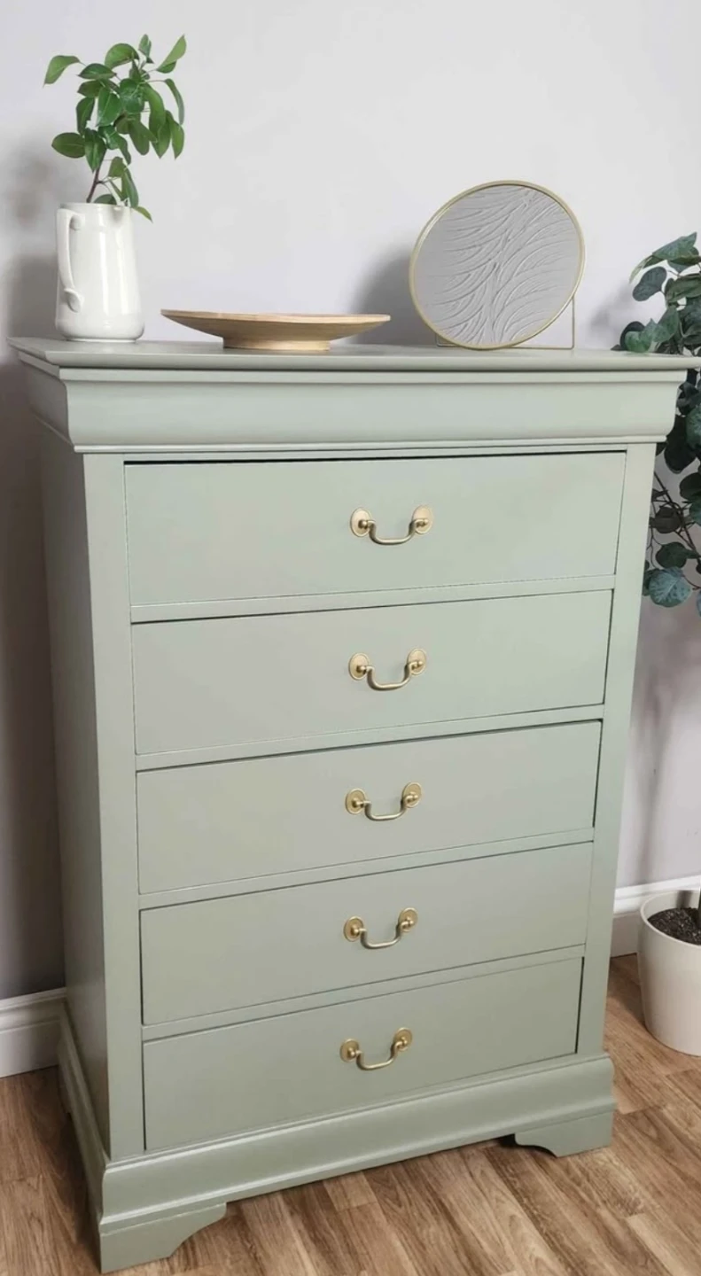 Sage Green 5-Drawer Chest with Gold Pulls