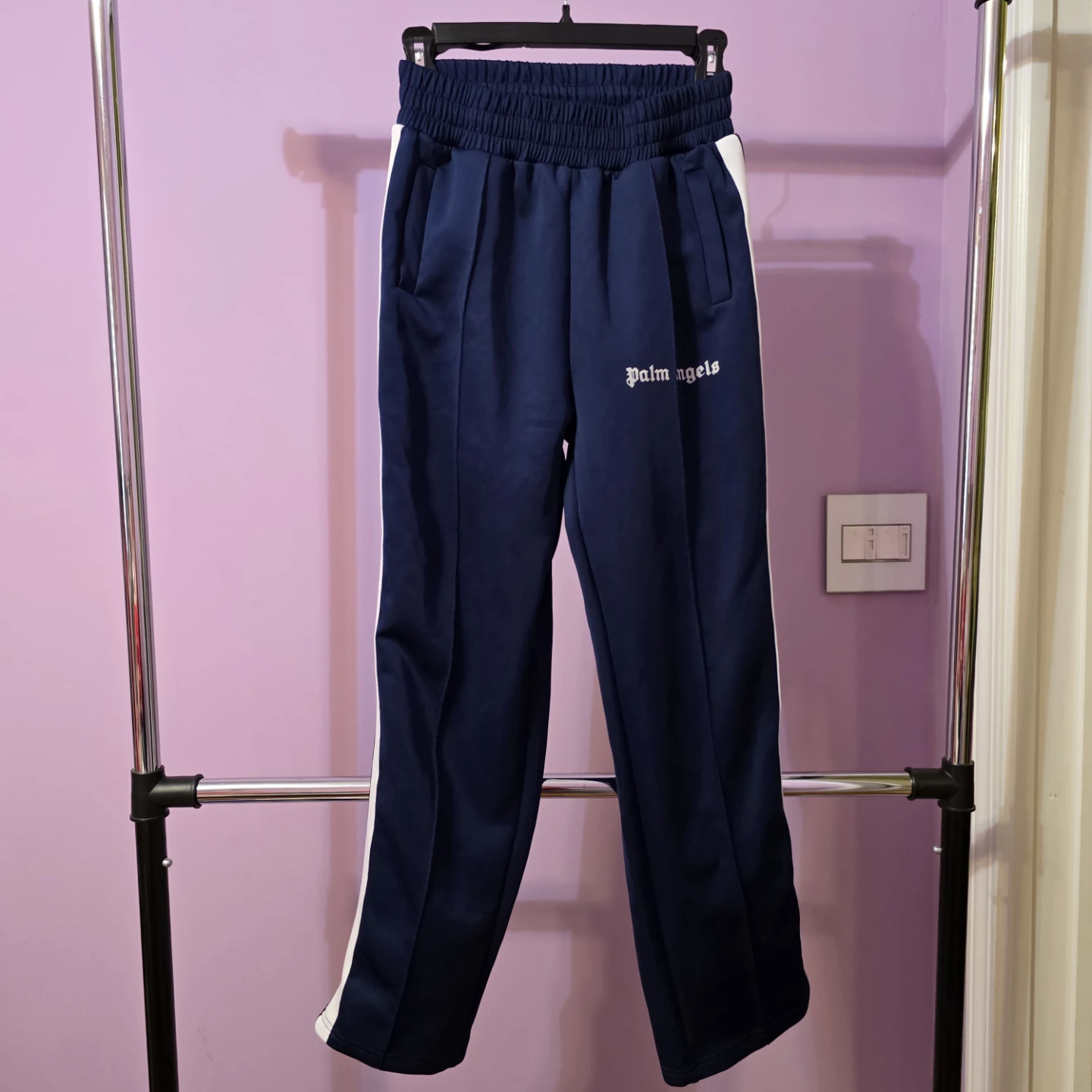 Palm Angels Navy Track Pants with White Stripe S