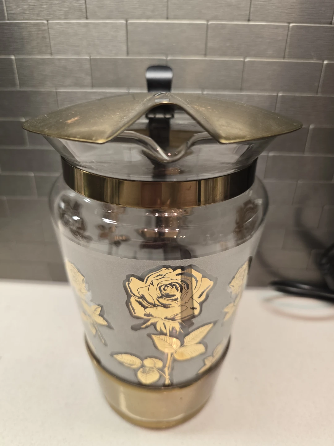 Vintage Glass Pitcher with gold Rose Design - photo 3