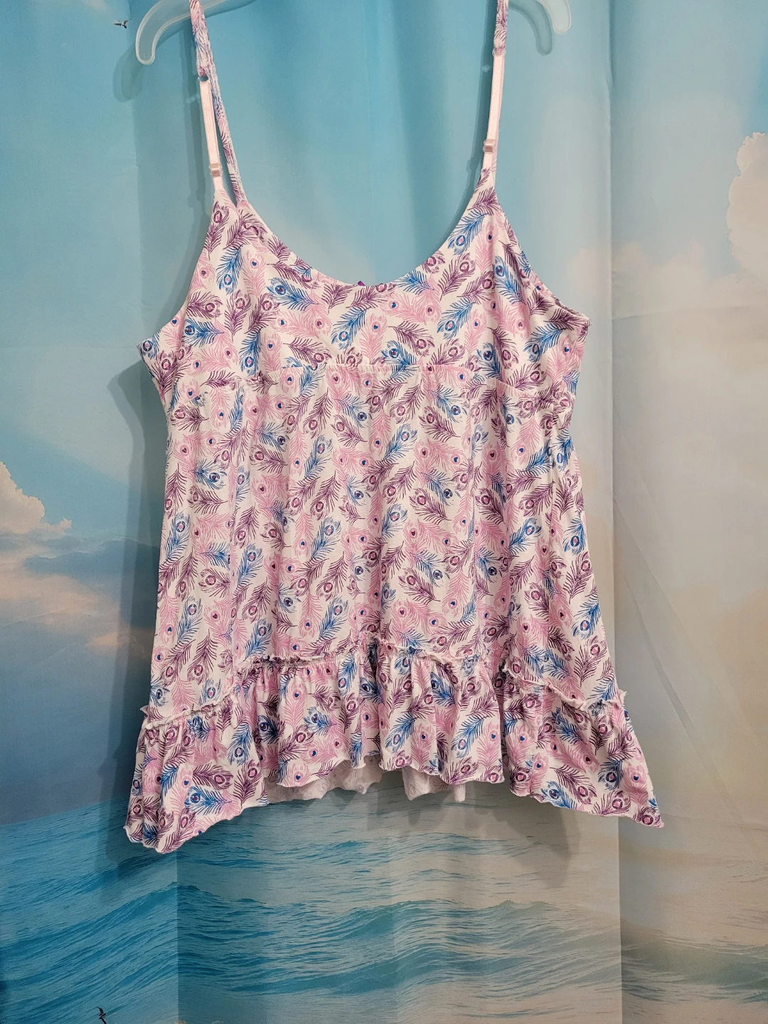 PEQUEST White Pink Blue Peacock Feather Cami Top L/G - photo 3