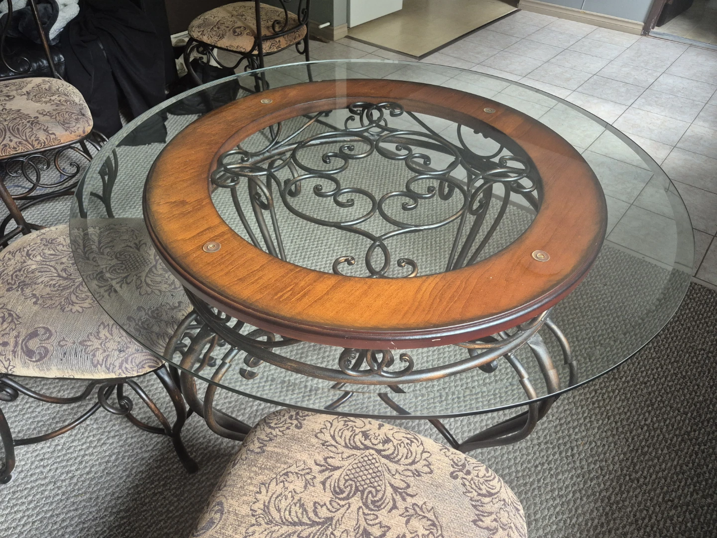 Round Glass Top Dining Table with Ornate Metal Base - photo 4