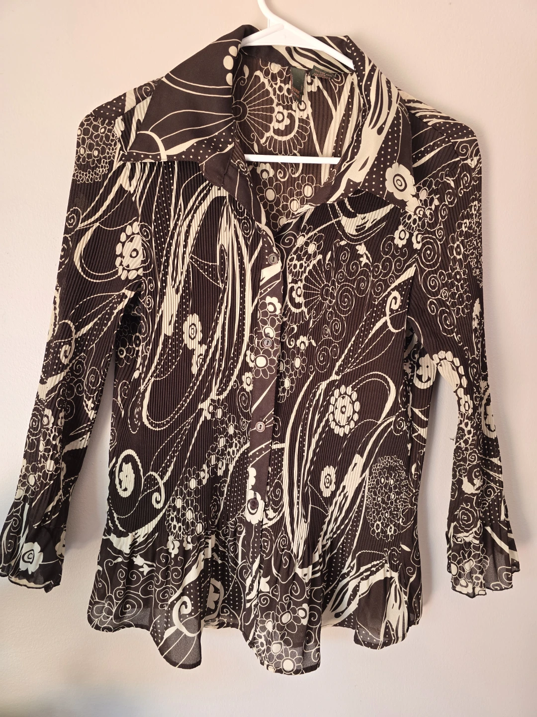 Brown and White Floral Button-Up Blouse