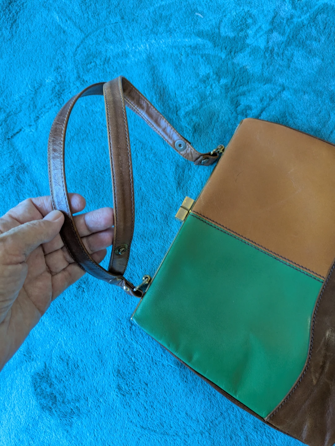 Vintage Leather Handbag - Brown/Green Colour-Blocked - photo 4