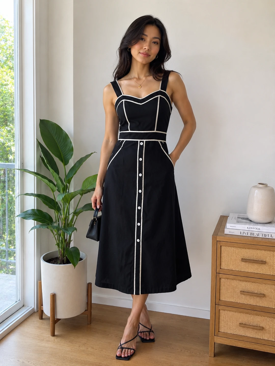 Black Button-Front Midi Dress