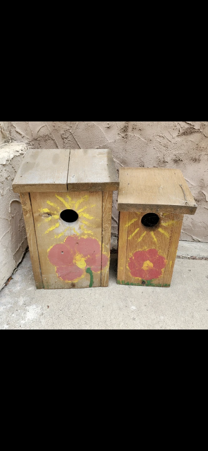 Two Hand-Painted Wooden Birdhouses