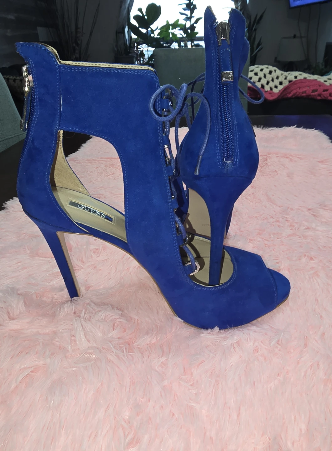 Blue Suede Lace-up Peep-toe Heels - photo 2