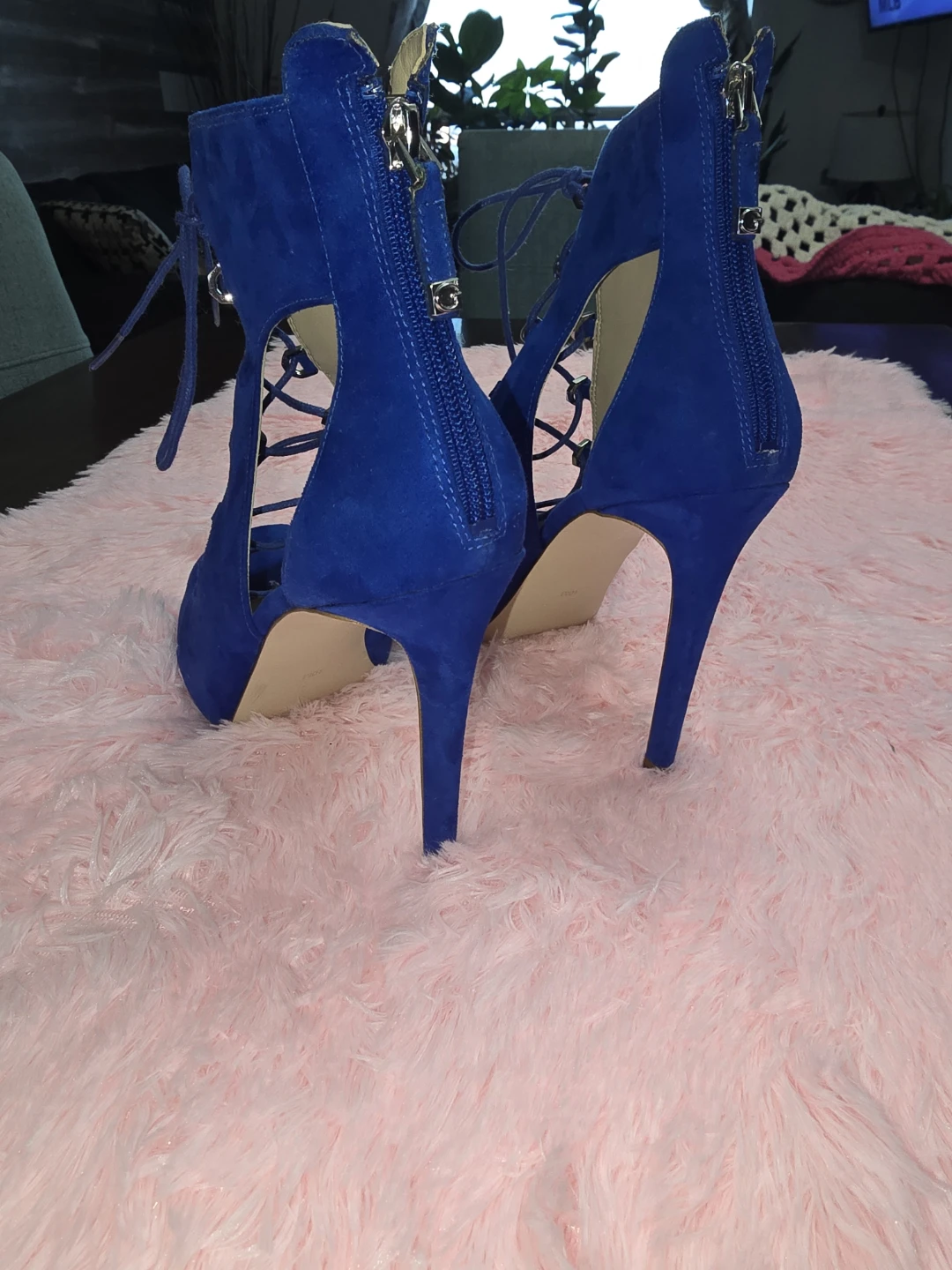 Blue Suede Lace-up Peep-toe Heels - photo 3