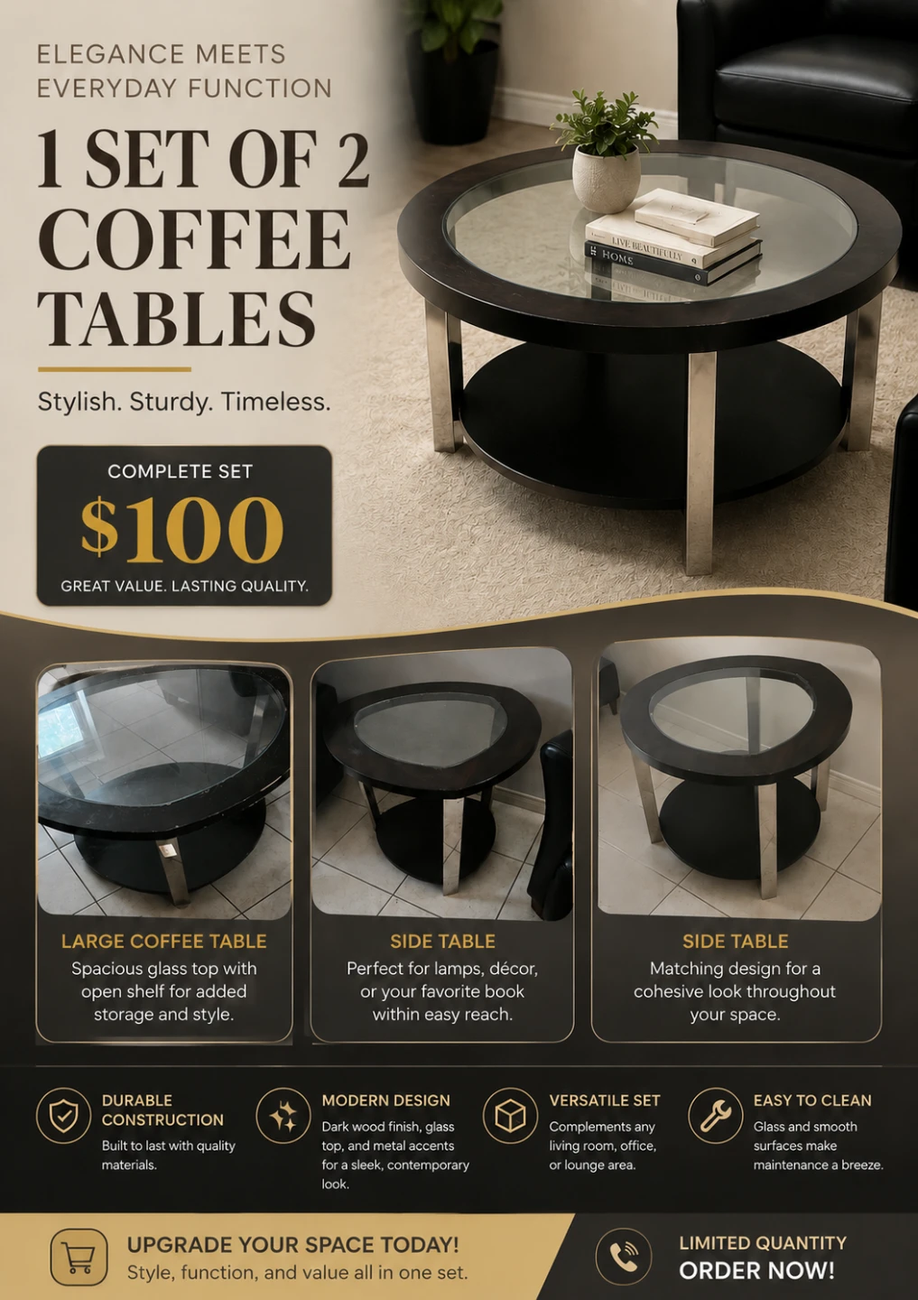 Set of 2 Coffee Tables with Glass Top