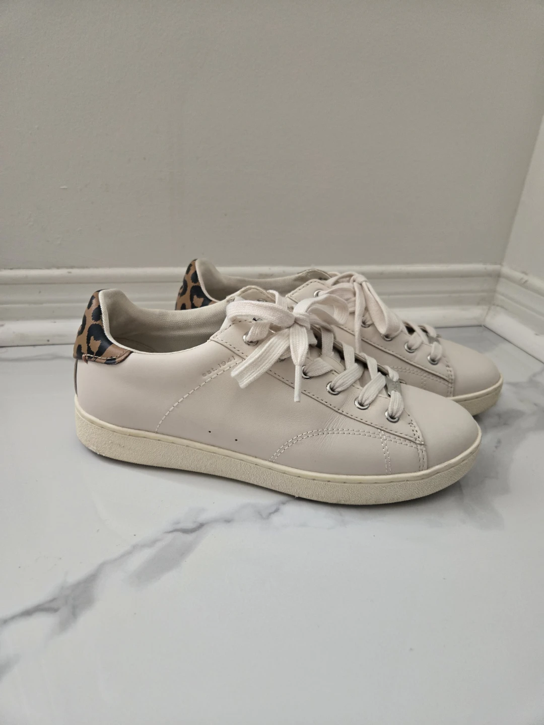 COACH Leather Leopard Print Accent Sneakers, Size 7.5