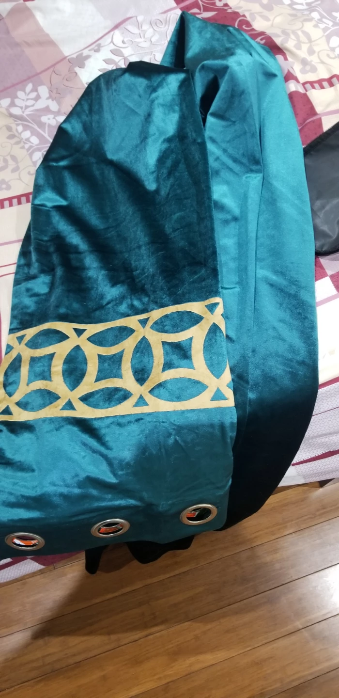 Teal Velvet Curtains with Gold Geometric Band