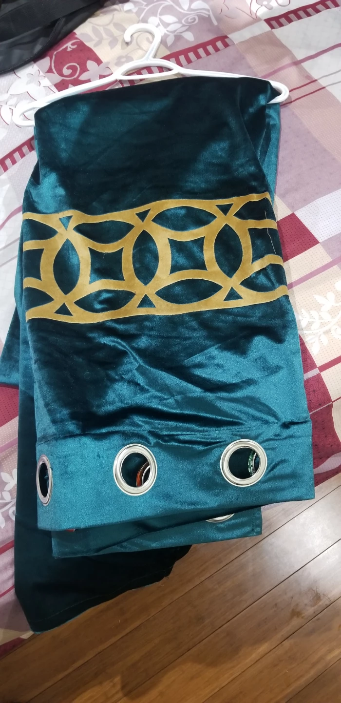Teal Velvet Curtains with Gold Geometric Band - photo 3