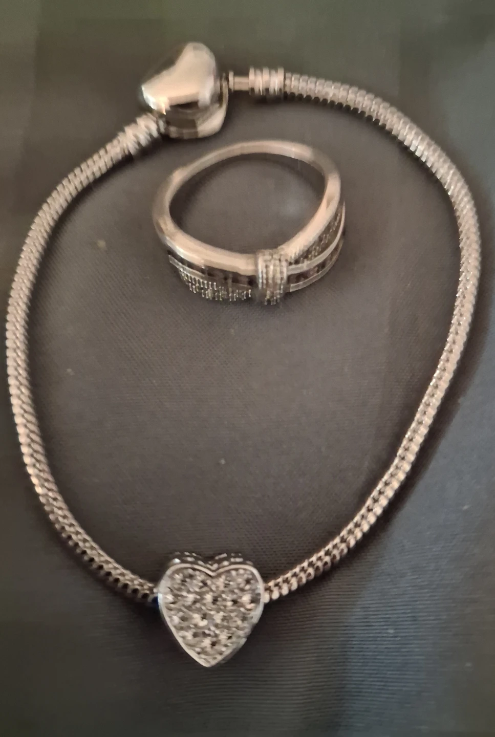 Silver Tone Bracelet with Heart Charm and Ring