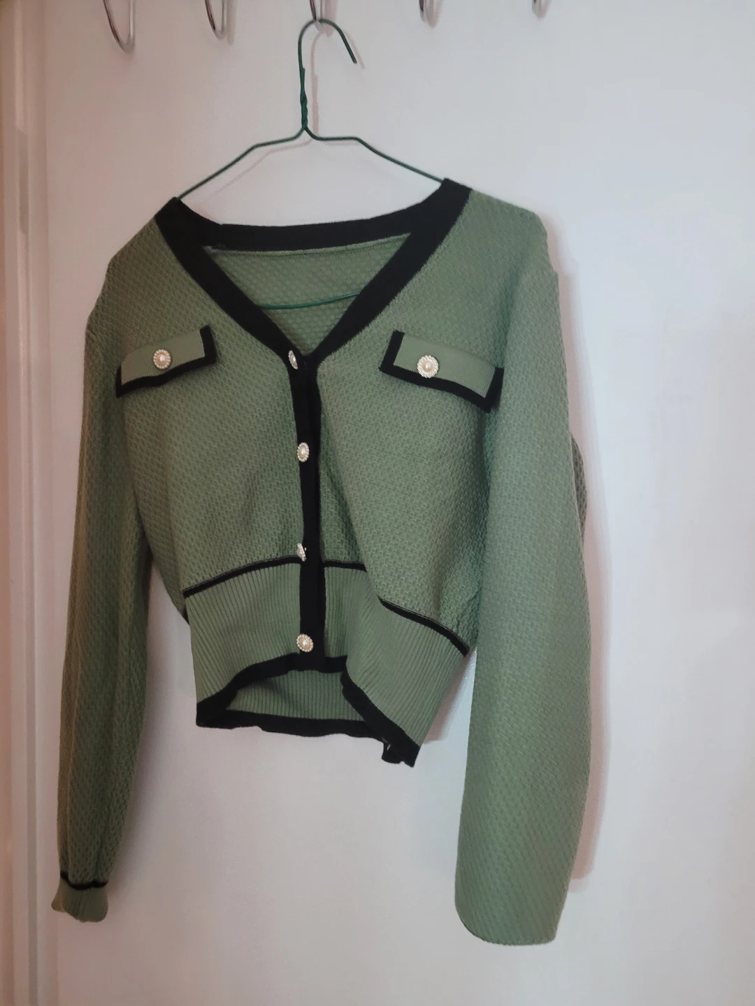 Green Textured Cropped Cardigan with Black Trim