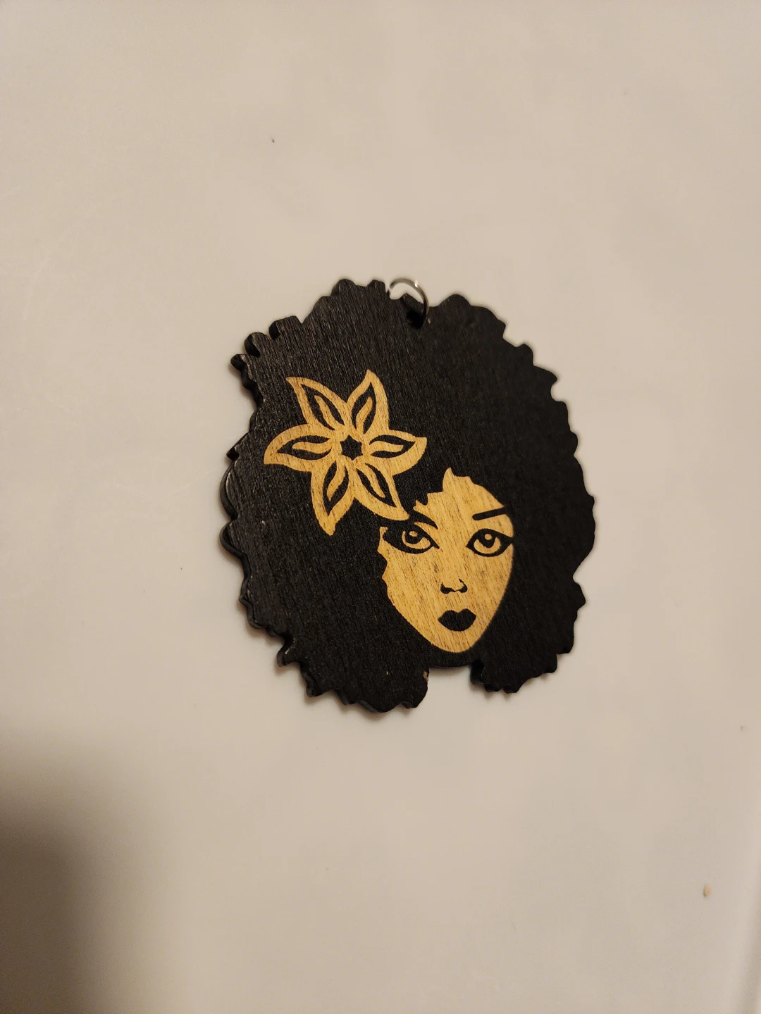 Wooden Afro Woman with Flower Pendant