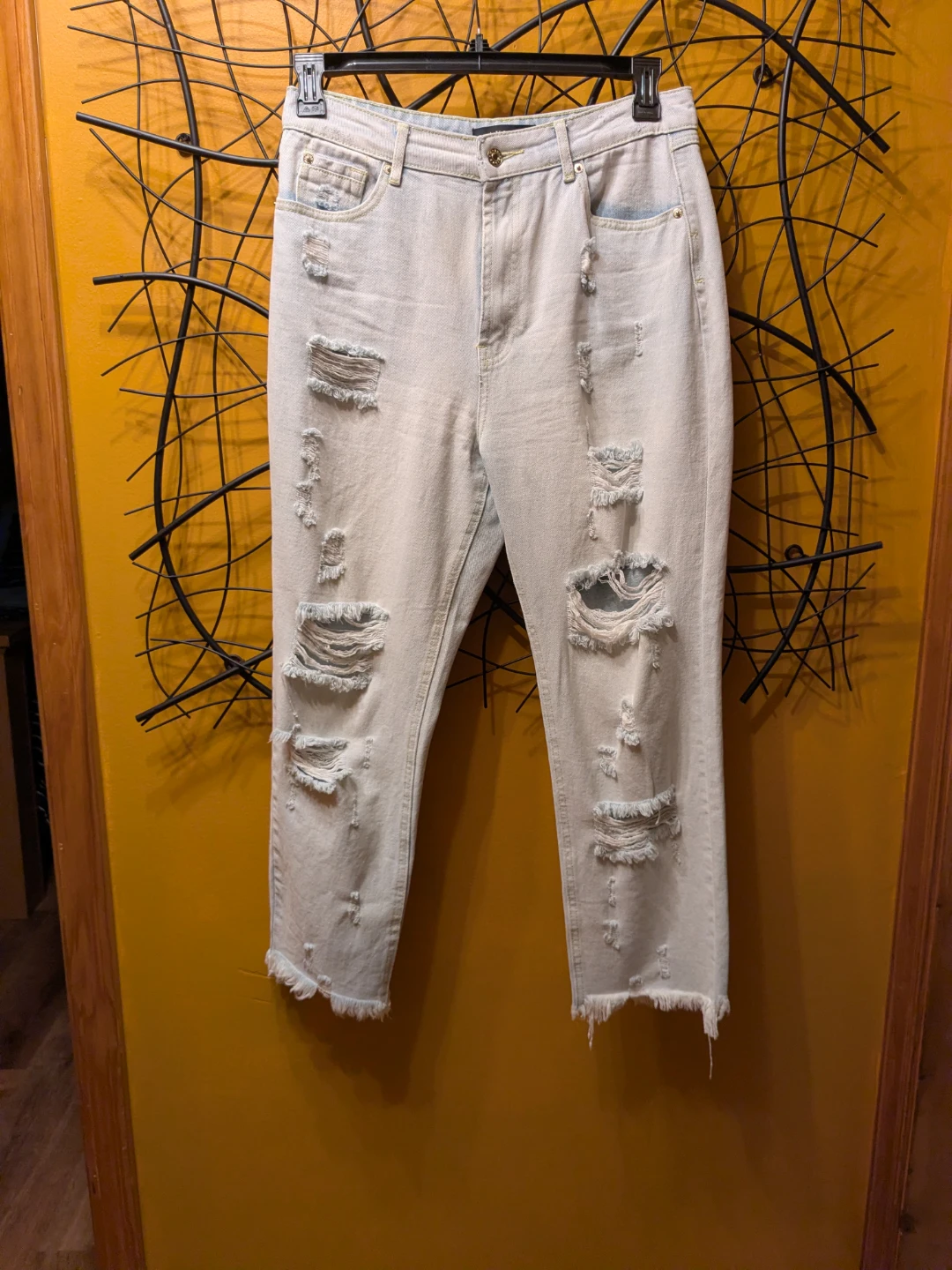 AKIRA Heavily Distressed High Rise Mom Jeans Light Wash