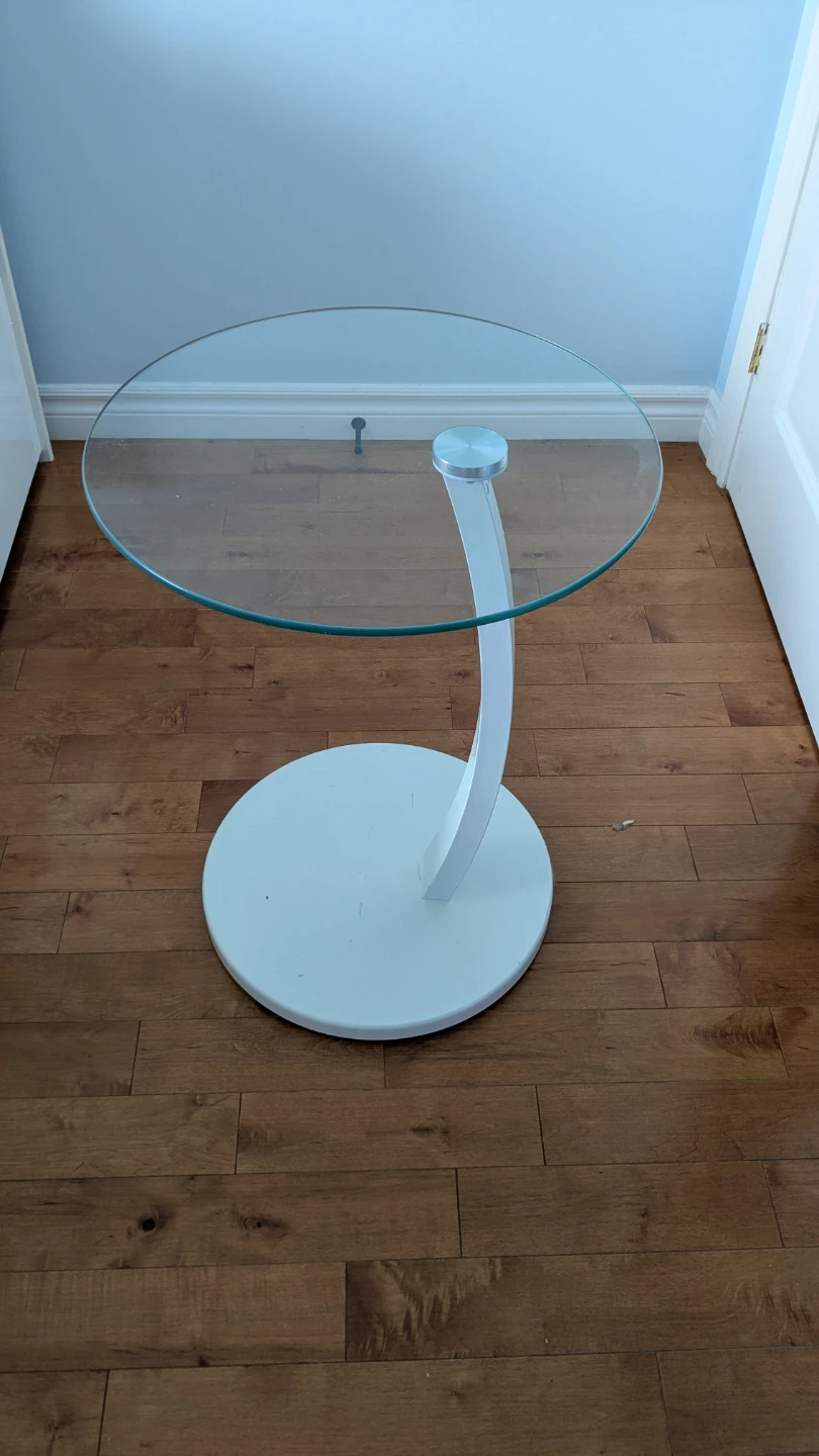 Glass top accent table with white base