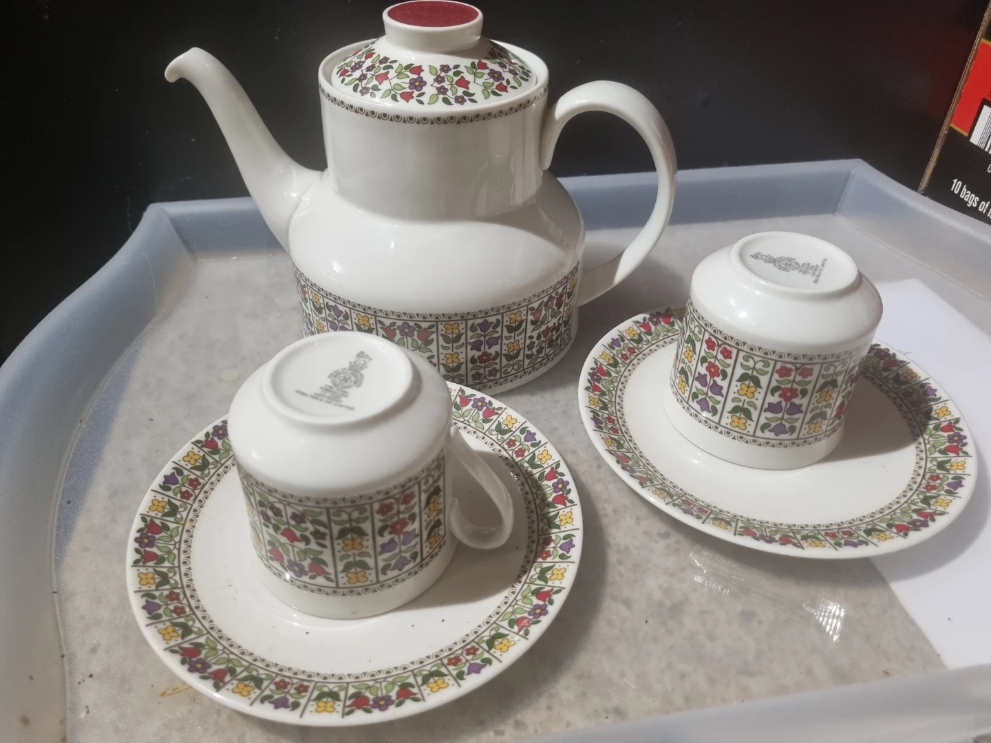 Royal Doulton Fireglow Teapot & 2 Cups with Saucers