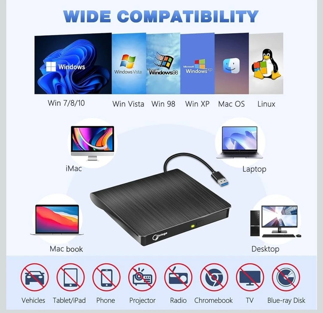 Gotega External DVD Drive USB 3.0 Portable +/-RW Black - photo 4