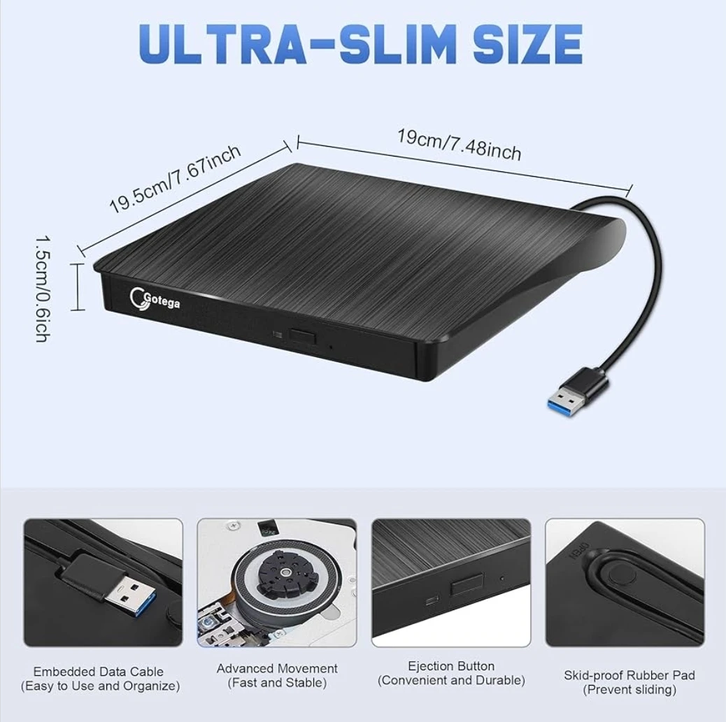 Gotega External DVD Drive USB 3.0 Portable +/-RW Black - photo 5