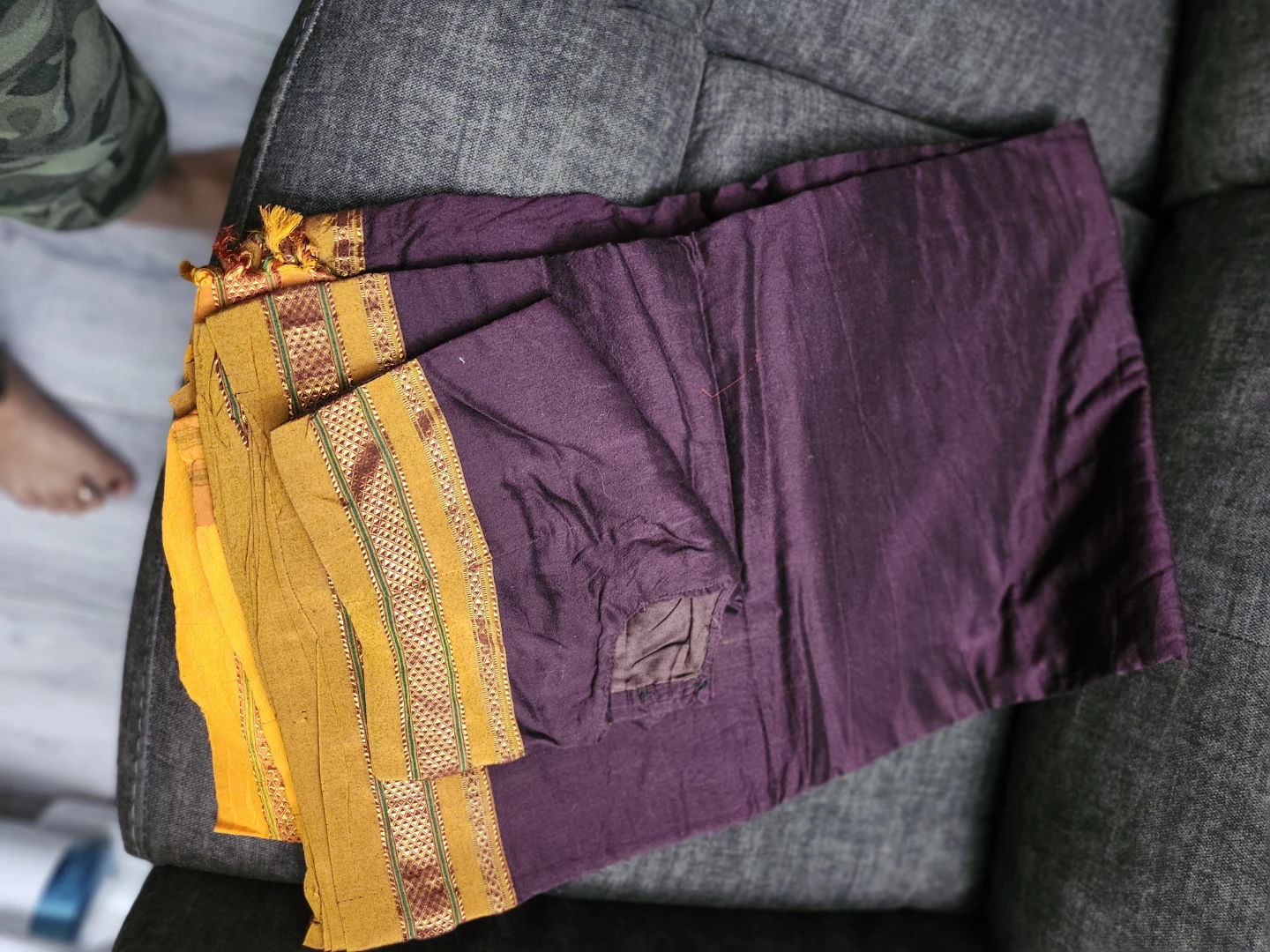 Purple Saree with Yellow Border and Blouse Piece