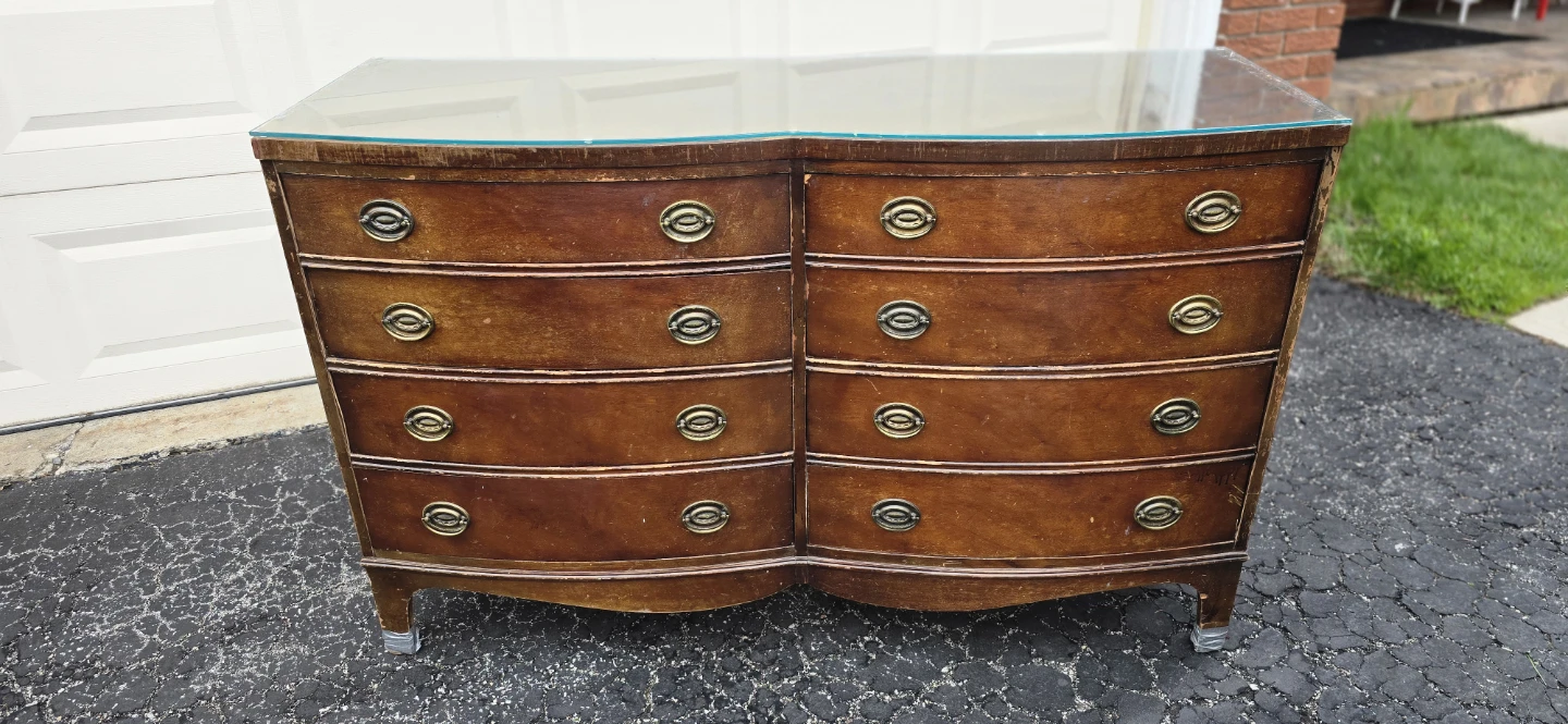 Vintage Wooden Bed Frame with 8 Drawer Dresser