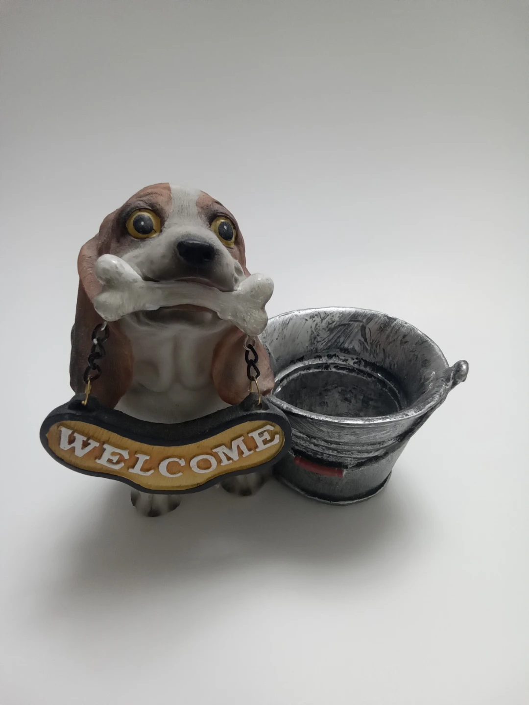 Dog with Welcome Sign and Bucket Decor