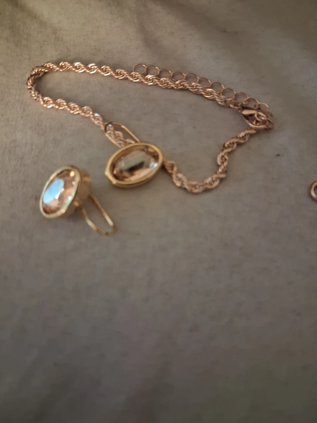 Gold Tone Rope Chain Bracelet & Oval Gemstone Earrings Set