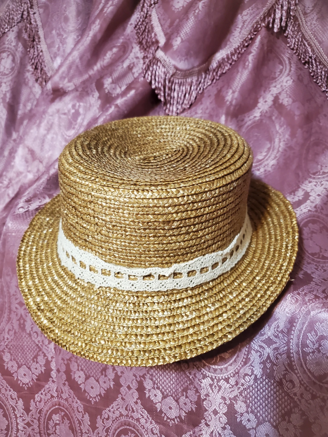 Straw Boater Hat with Lace Ribbon