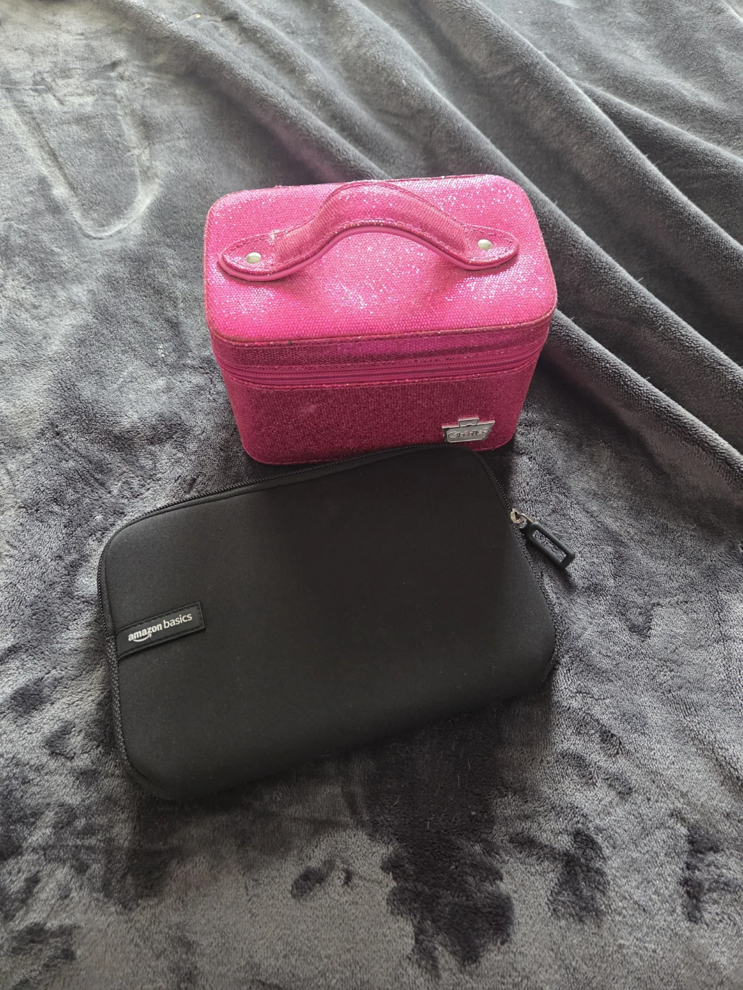 Pink Glitter Makeup Train Case & Amazon Basics Pouch