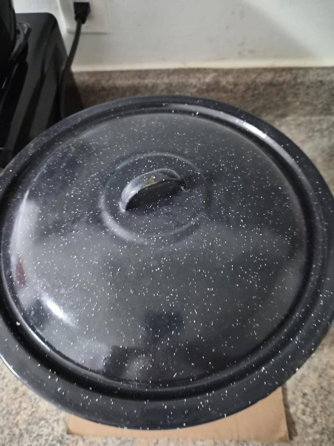 Large speckled enamel pot with lid