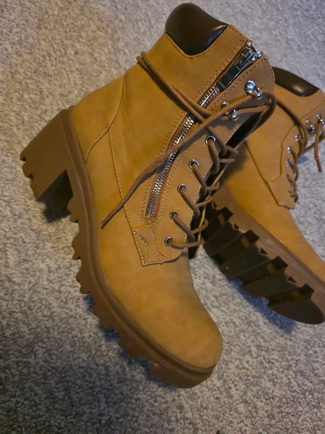 Tan Lace-up Zipper Boots