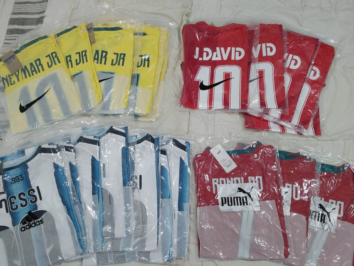 Bundle of 4 Soccer Jerseys: Neymar Jr, J. David, Messi, Ronaldo