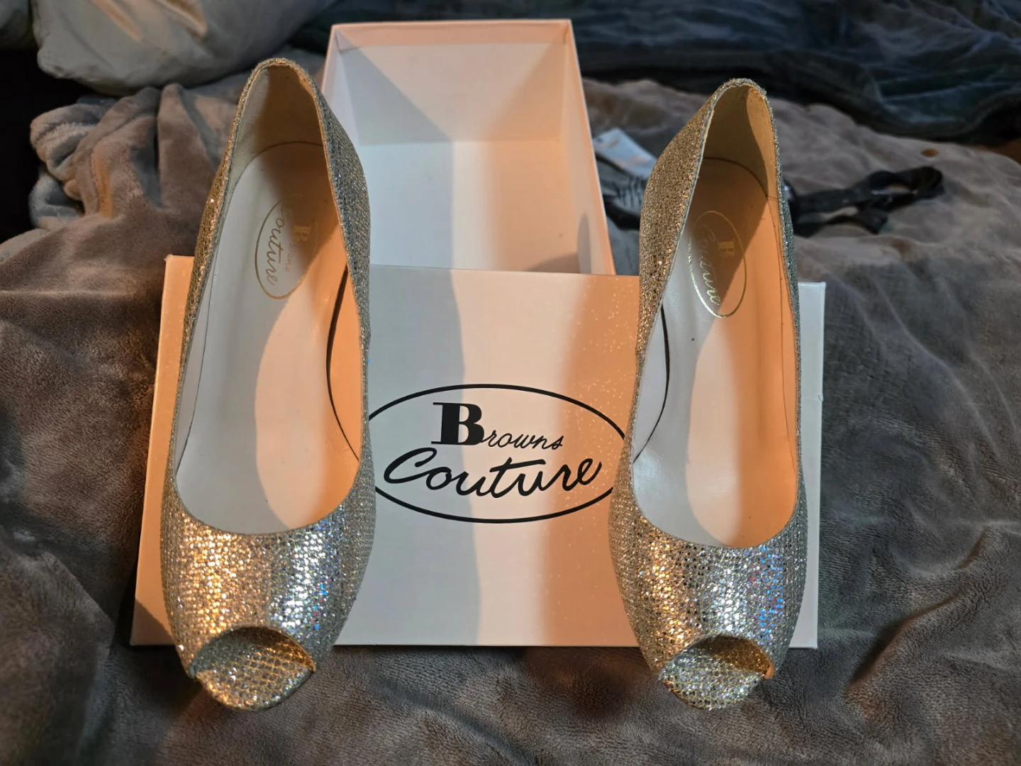 Browns Couture Silver Glitter Peep-Toe Heels