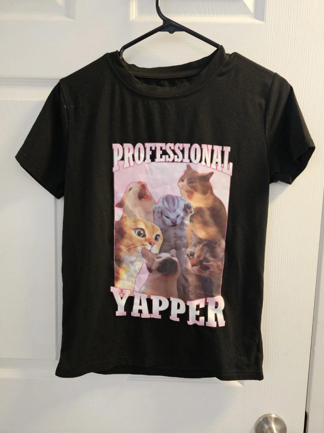Black T-shirt with "Professional Yapper" cat graphic