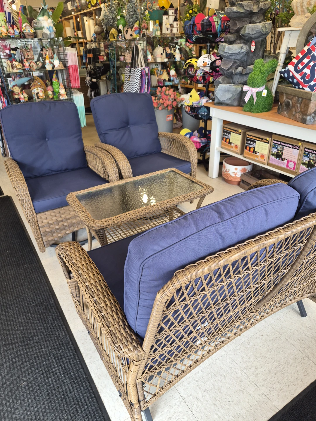 New 4 piece Wicker patio set with navy cushions