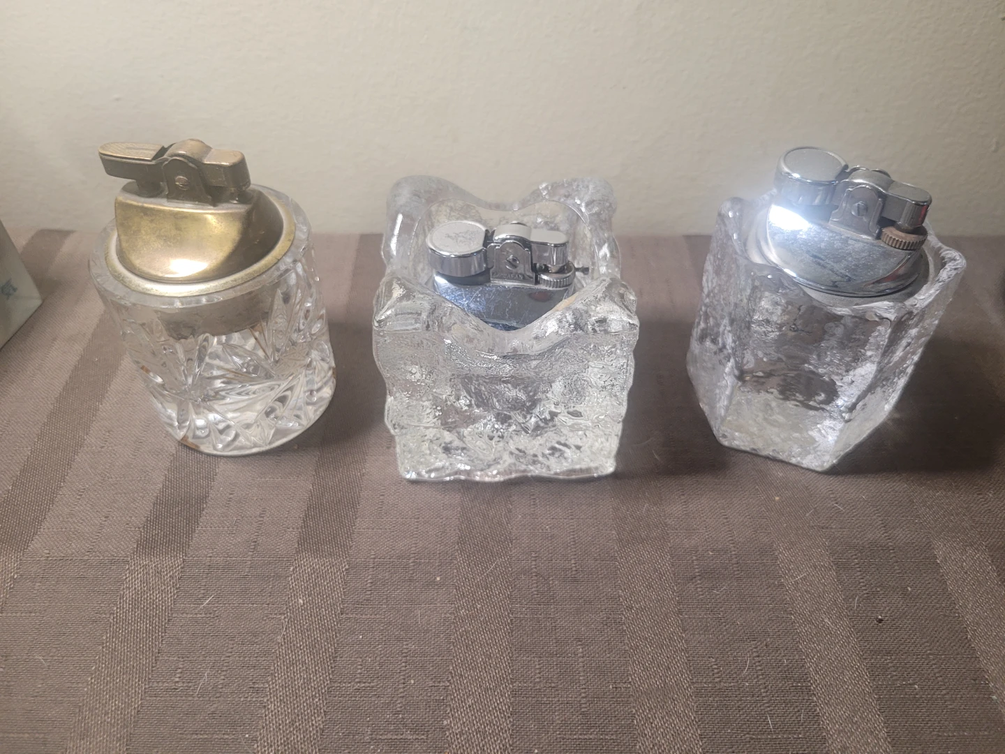 3 Vintage Glass Petrol Butane Table Lighters PIN Wheel