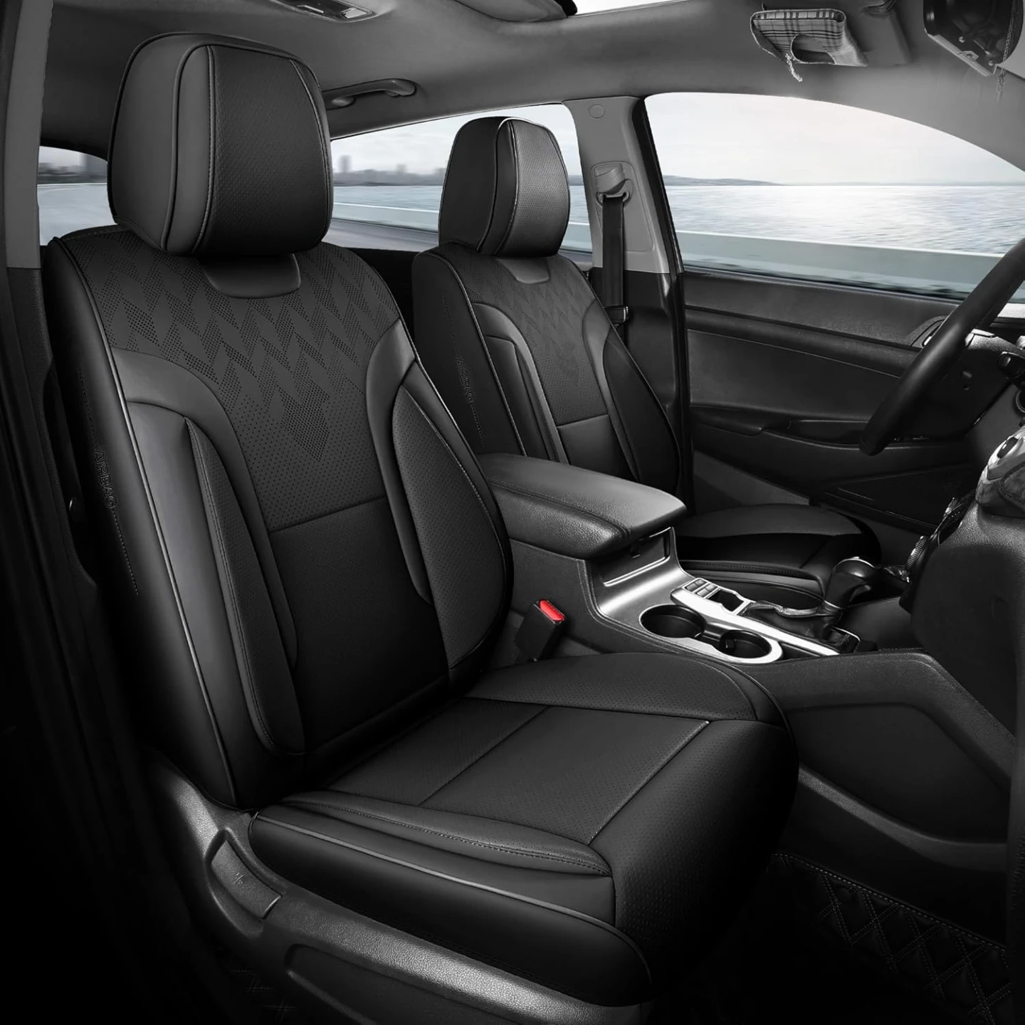 Black Car Seat Covers Full Set - Breathable Faux Leather